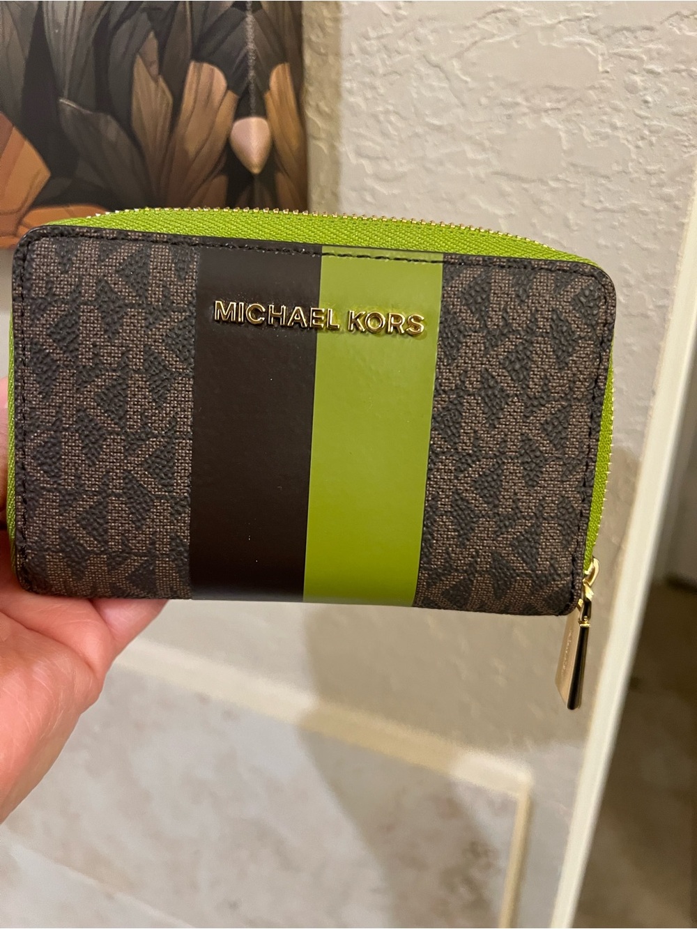Michael Kors Brown Wallet with Lime Green Stripe and Zip
